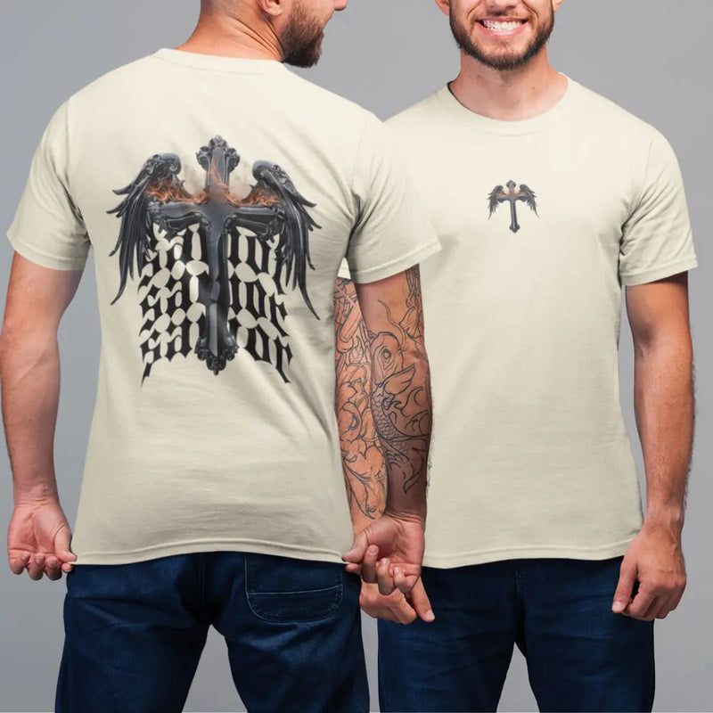Camiseta Básica Masculina GuGi Cruz Cristã Asas Anjo Savior Frente E Costas 100% Algodão Premium