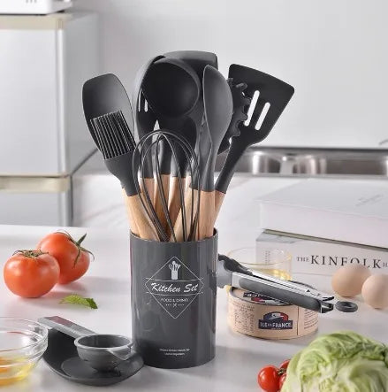 Silicone Colher Kit para Cozinha, BPA Antiferrugem, Madeira Conjunto de Utensílios De Cozinha, Jogo, 12 Peças