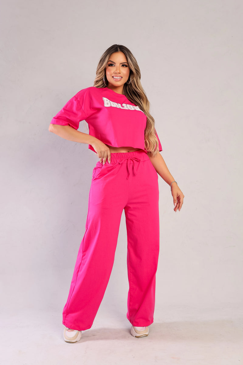 Conjunto Longo Calça Pantalona Cropped Tendência Moda Luxo