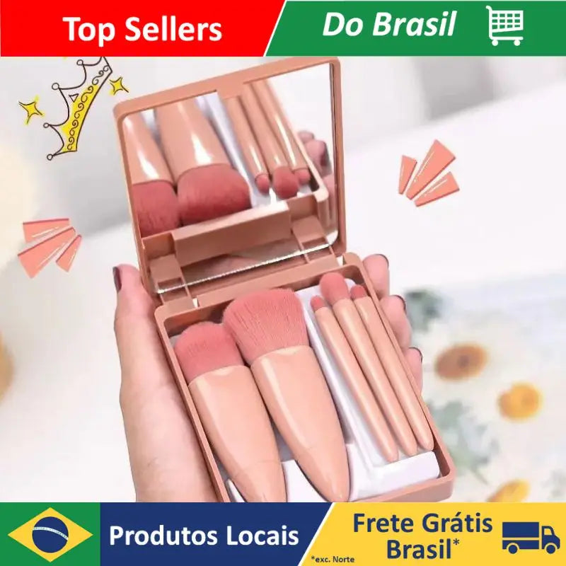 Mini Espelho De Maquiagem Portátil Com 5 Pcs Pincéis De Maquiagem Lupa Mão Segurar Bolso Dobrável Maquiagem