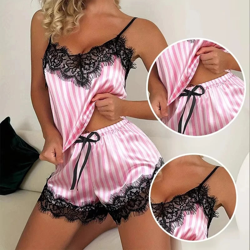 Conjunto de pijama feminino de duas peças com decote em V sexy com suspensório de renda conjunto de pijama sexy sem mangas casual feminino