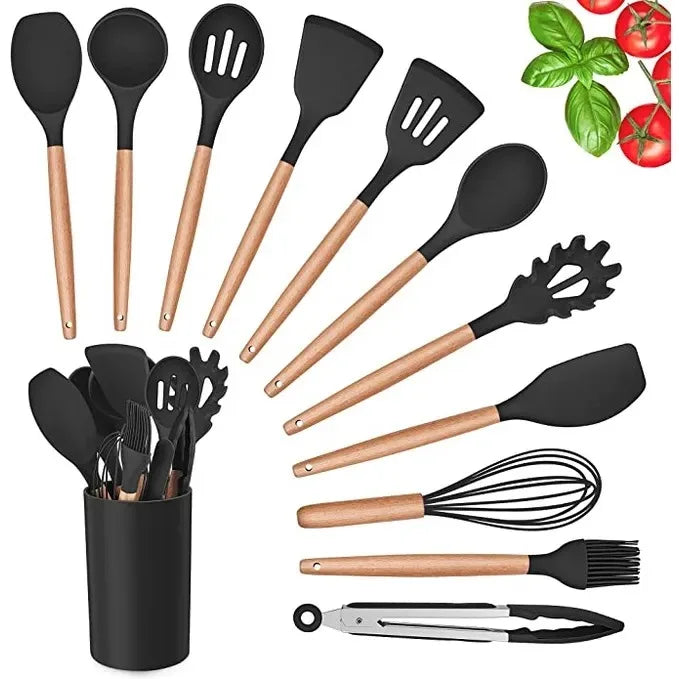 Silicone Colher Kit para Cozinha, BPA Antiferrugem, Madeira Conjunto de Utensílios De Cozinha, Jogo, 12 Peças