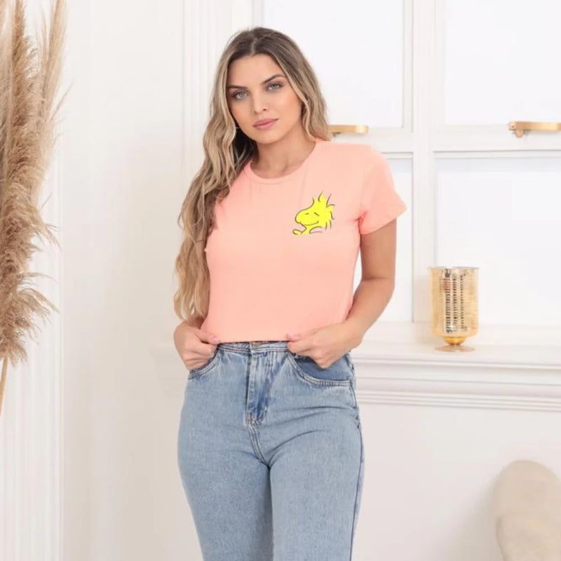 Camiseta Feminina 100% Algodão T-shirt Woodstock Estampada Baby Look Blusa Blusinha