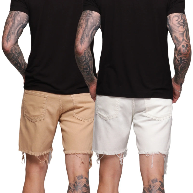 Kit 2 Bermudas Sarja Masculina Bege E Branca Destroyed Luxo