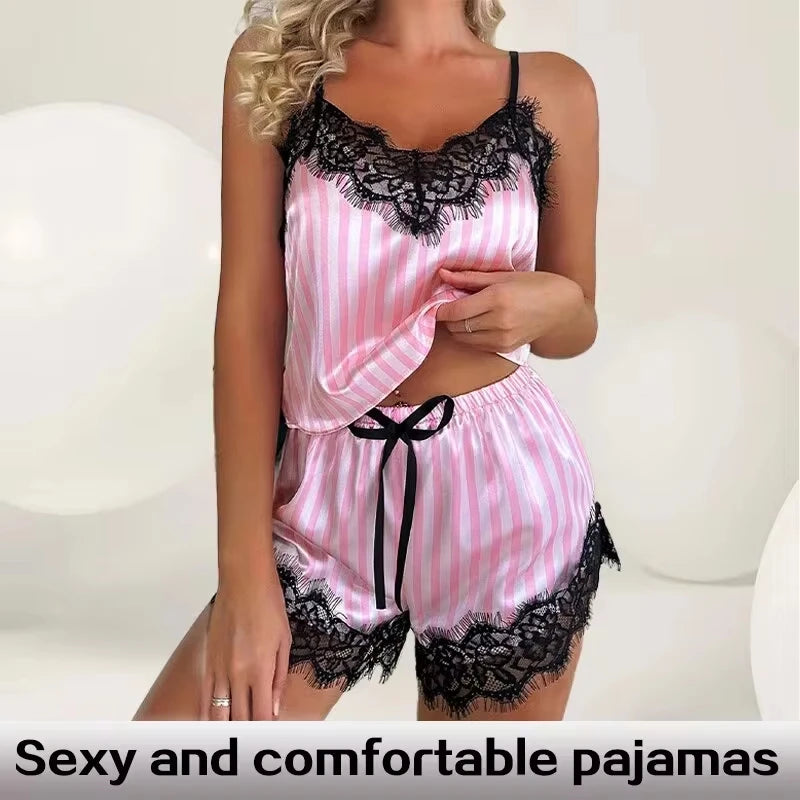 Conjunto de pijama feminino de duas peças com decote em V sexy com suspensório de renda conjunto de pijama sexy sem mangas casual feminino