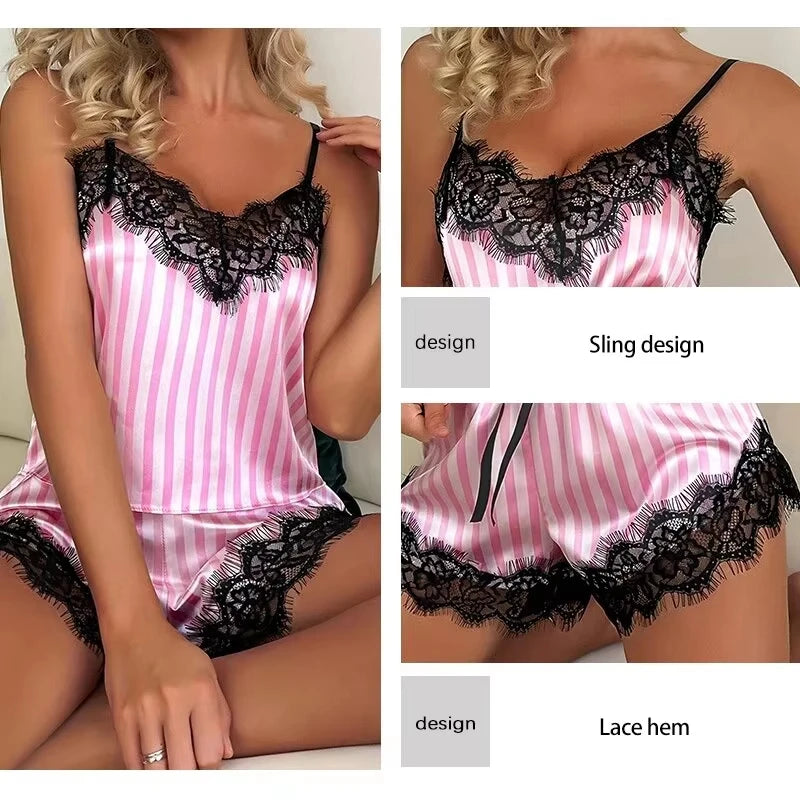 Conjunto de pijama feminino de duas peças com decote em V sexy com suspensório de renda conjunto de pijama sexy sem mangas casual feminino