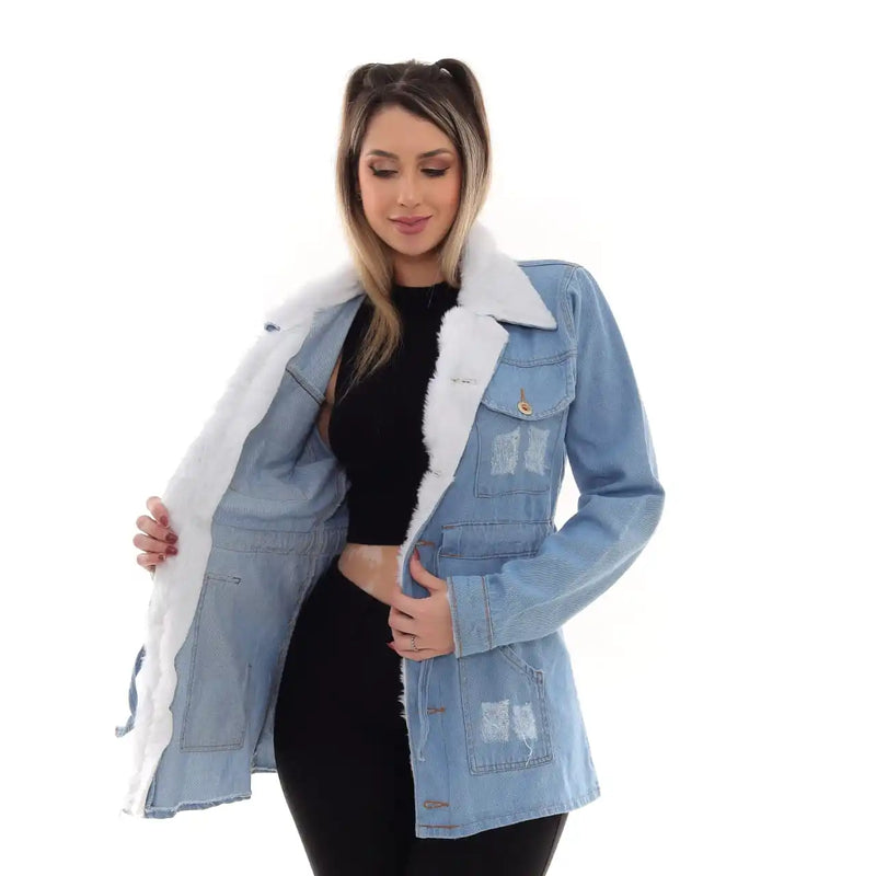 Jaqueta Parka Lavagem Clara Tendência Com Pelinhos Tipo Pelúcia Moda Fashion Outono Inverno