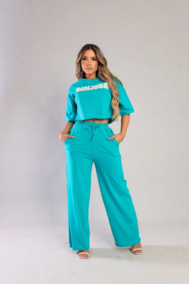 Conjunto Longo Calça Pantalona Cropped Tendência Moda Luxo