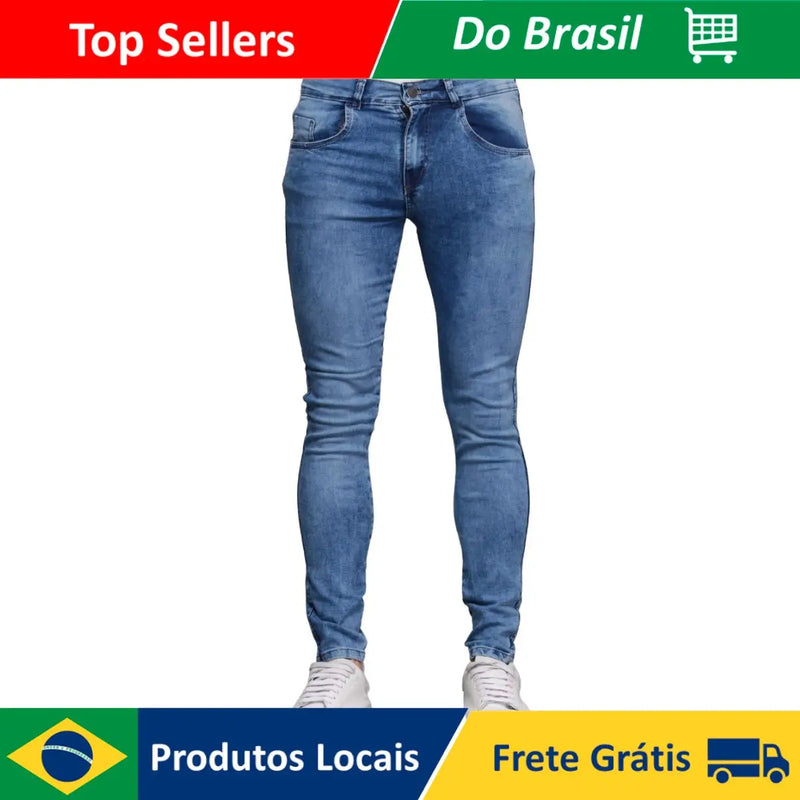 Calça Jeans Masculina Super Skinny Azul Marmorizada Lavagem Clara Premium