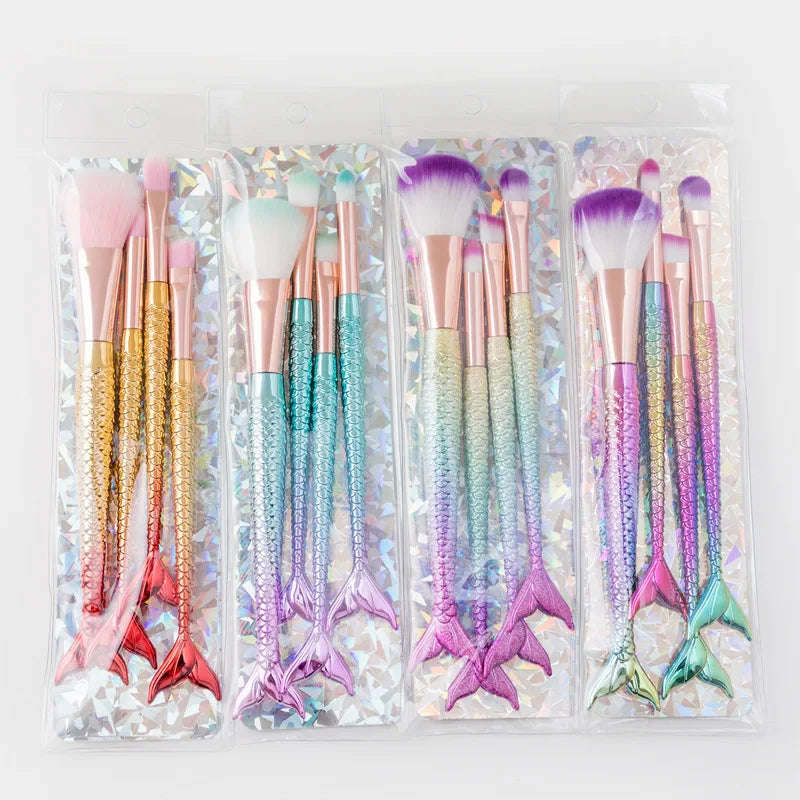 Kit 4 Pincel Sereia Para Maquiagem Blush Contorno Pó Sombra