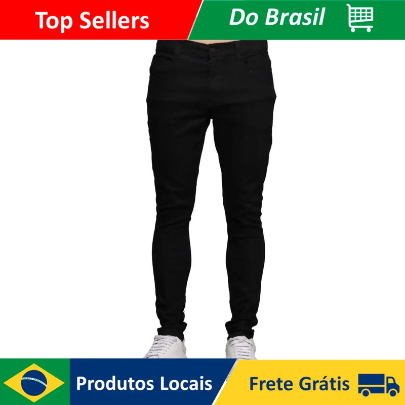Calça Preta Masculina Super Skinny Sarja Lisa Premium Luxo