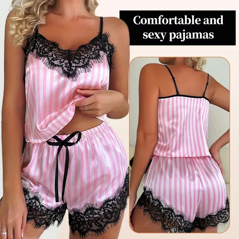Conjunto de pijama feminino de duas peças com decote em V sexy com suspensório de renda conjunto de pijama sexy sem mangas casual feminino