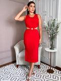 Vestido Feminino Midi Colado Tubinho Cintura Oca Fenda Lateral Forrado