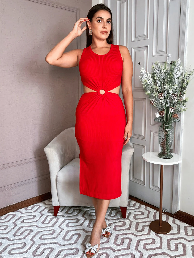 Vestido Feminino Midi Colado Tubinho Cintura Oca Fenda Lateral Forrado