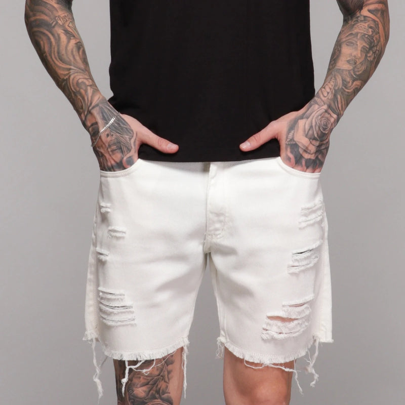 Kit 2 Bermudas Sarja Masculina Bege E Branca Destroyed Luxo