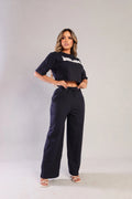 Conjunto Longo Calça Pantalona Cropped Tendência Moda Luxo