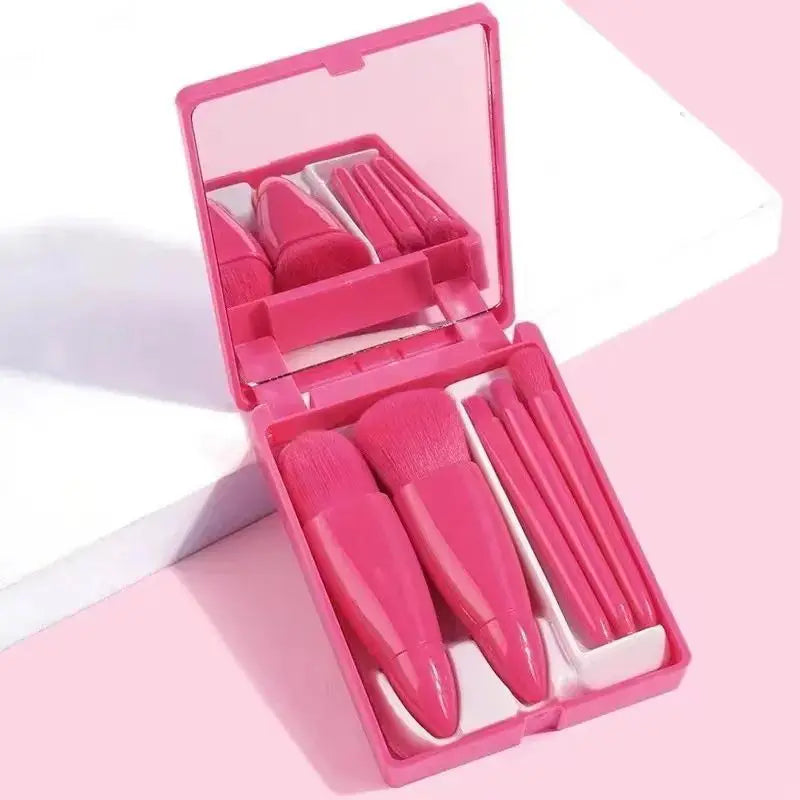 Mini Espelho De Maquiagem Portátil Com 5 Pcs Pincéis De Maquiagem Lupa Mão Segurar Bolso Dobrável Maquiagem