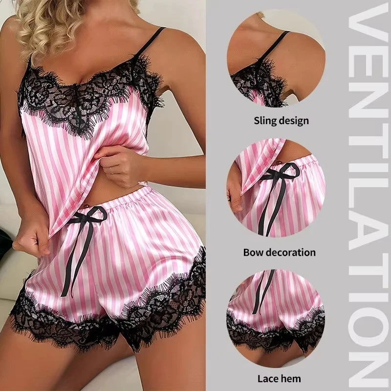 Conjunto de pijama feminino de duas peças com decote em V sexy com suspensório de renda conjunto de pijama sexy sem mangas casual feminino