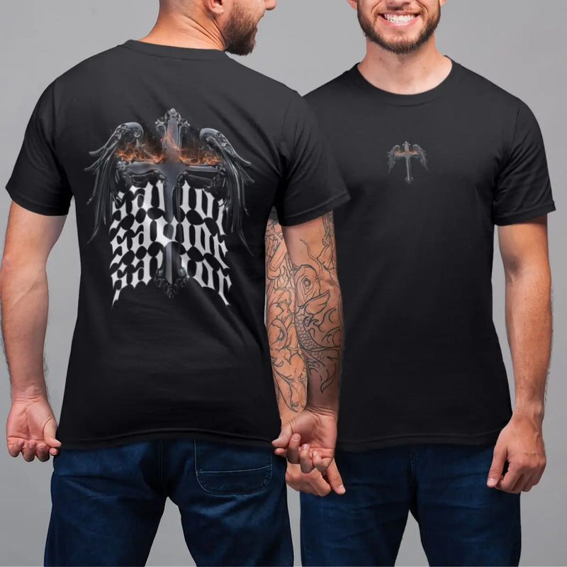 Camiseta Básica Masculina GuGi Cruz Cristã Asas Anjo Savior Frente E Costas 100% Algodão Premium