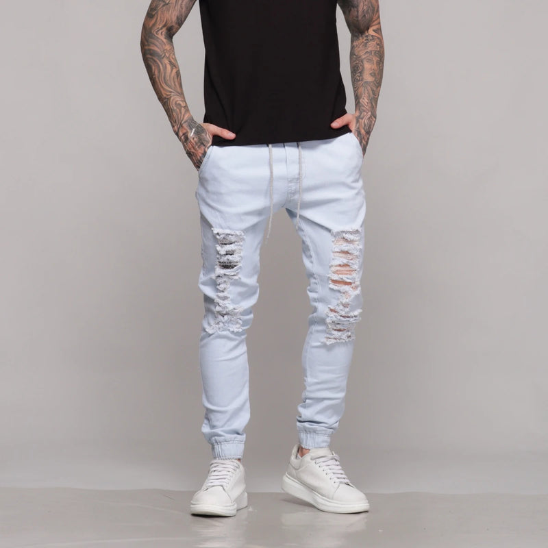 Calça Jogger Masculina Destroyed Délavé Com Cordão Premium
