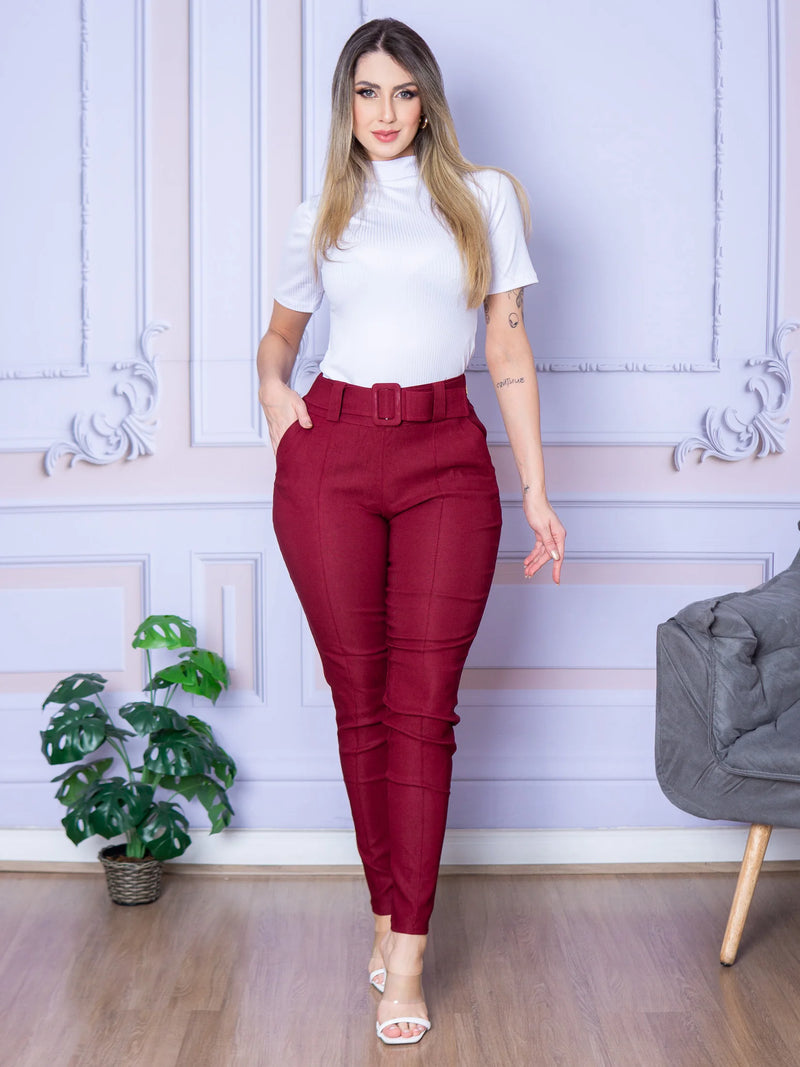 Calça Feminina de Trabalho com Cinto e Bolso