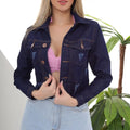 Jaqueta Jeans Cropped Feminina Azul Escuro com Puídos Tendência Outono Inverno