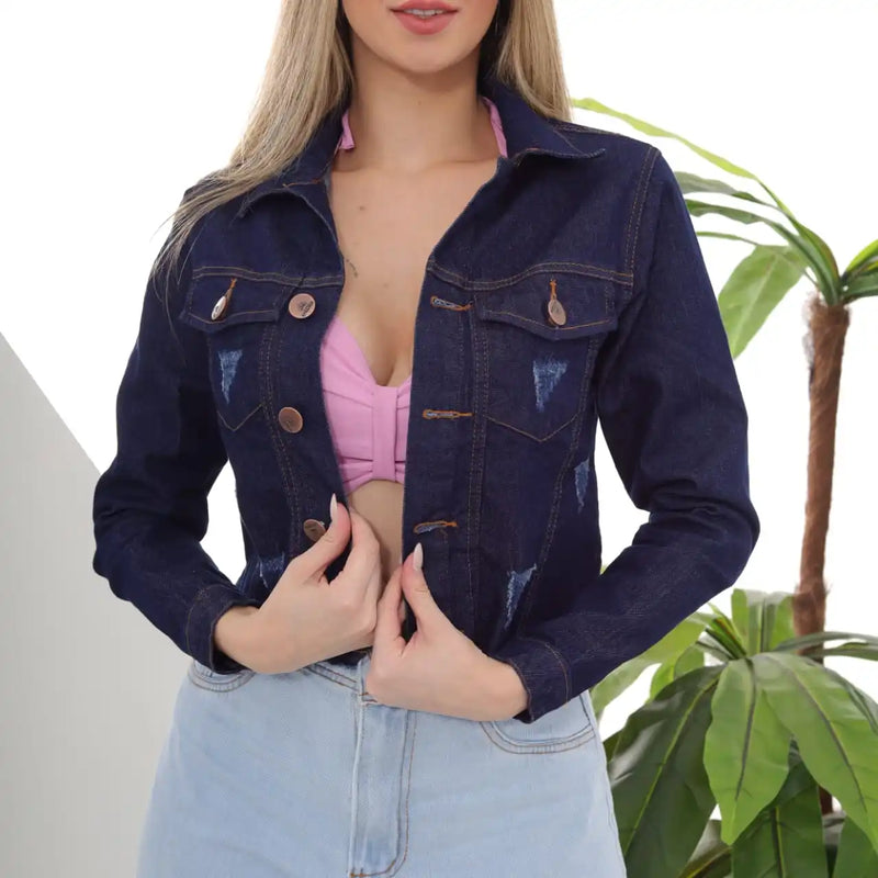 Jaqueta Jeans Cropped Feminina Azul Escuro com Puídos Tendência Outono Inverno