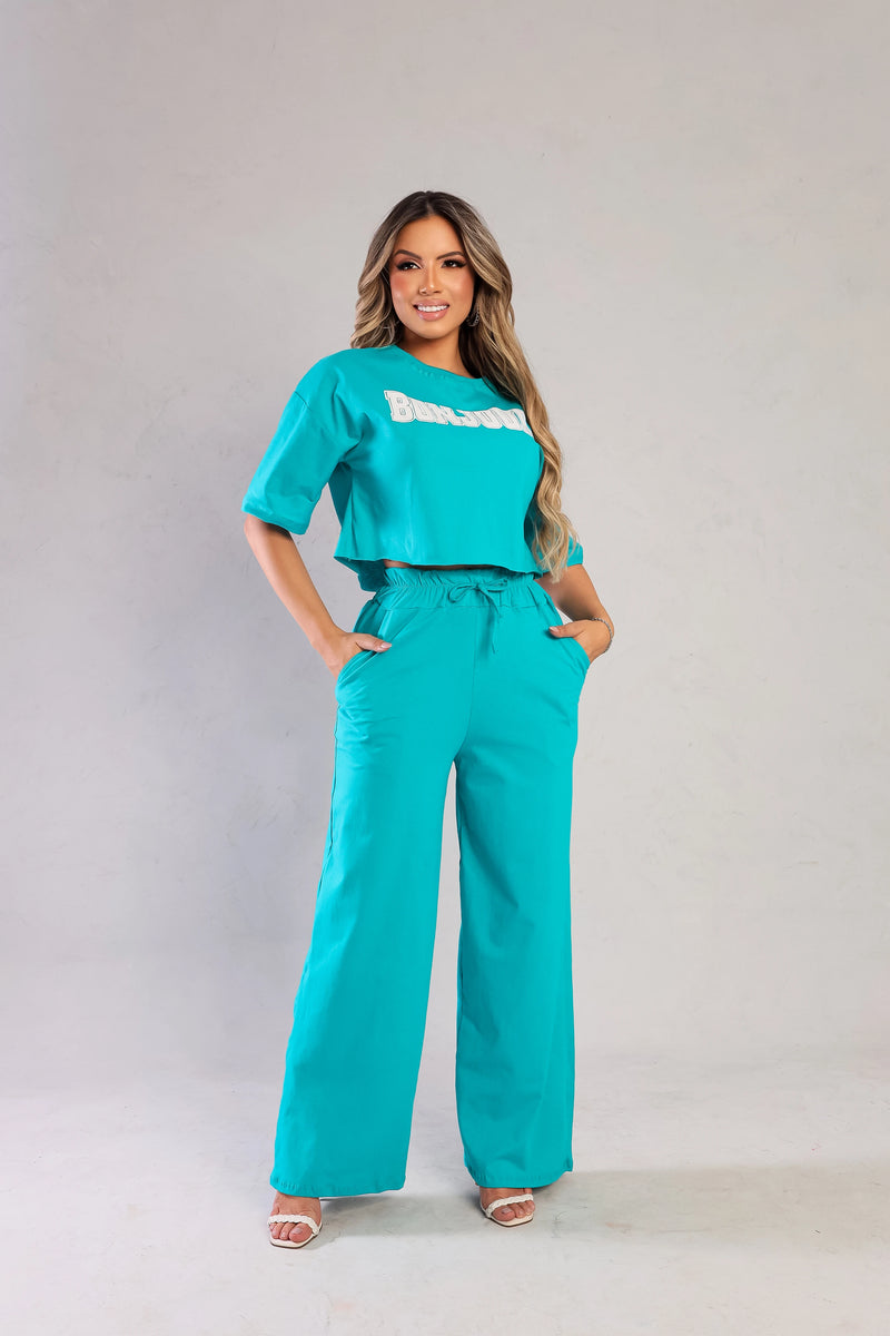 Conjunto Longo Calça Pantalona Cropped Tendência Moda Luxo