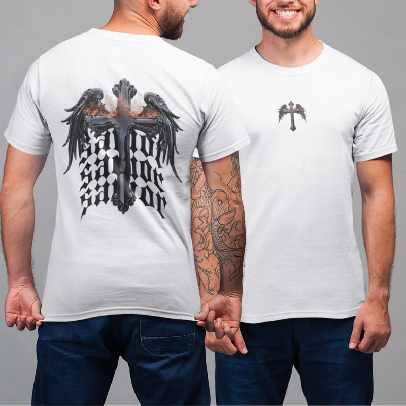 Camiseta Básica Masculina GuGi Cruz Cristã Asas Anjo Savior Frente E Costas 100% Algodão Premium