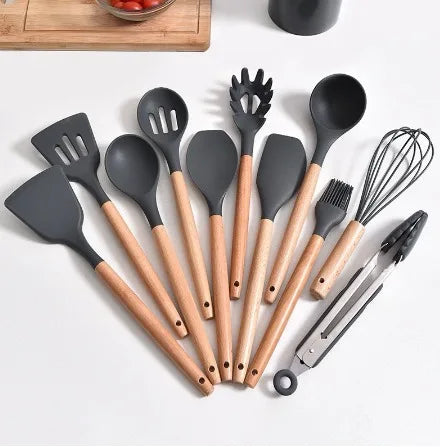 Silicone Colher Kit para Cozinha, BPA Antiferrugem, Madeira Conjunto de Utensílios De Cozinha, Jogo, 12 Peças