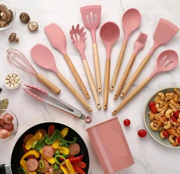 Silicone Colher Kit para Cozinha, BPA Antiferrugem, Madeira Conjunto de Utensílios De Cozinha, Jogo, 12 Peças