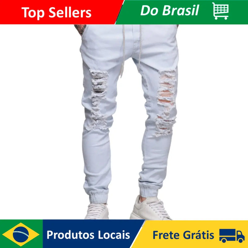 Calça Jogger Masculina Destroyed Délavé Com Cordão Premium