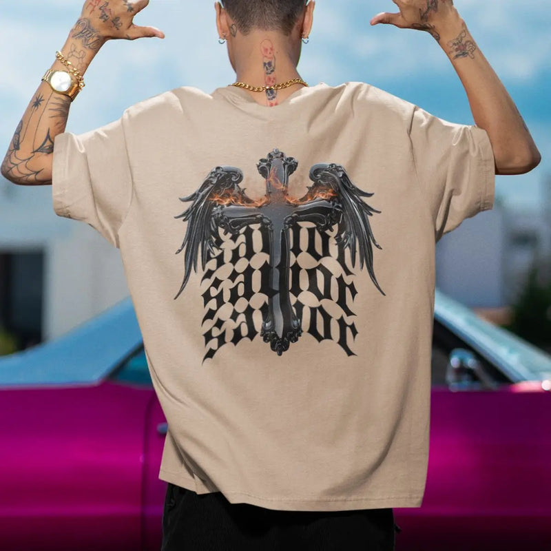 Camiseta Básica Masculina GuGi Cruz Cristã Asas Anjo Savior Frente E Costas 100% Algodão Premium