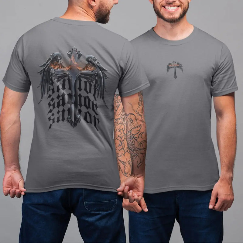 Camiseta Básica Masculina GuGi Cruz Cristã Asas Anjo Savior Frente E Costas 100% Algodão Premium