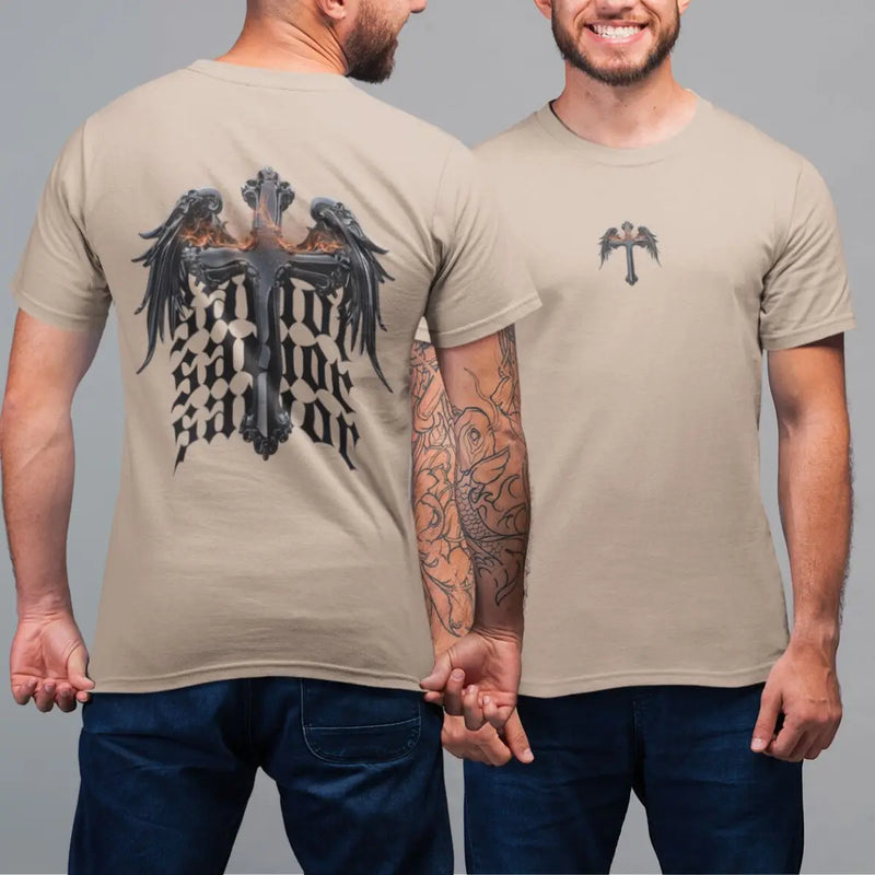 Camiseta Básica Masculina GuGi Cruz Cristã Asas Anjo Savior Frente E Costas 100% Algodão Premium
