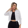 Jaqueta Feminina Cropeed Jeans Branca Desfiada Tendência Outono Inverno