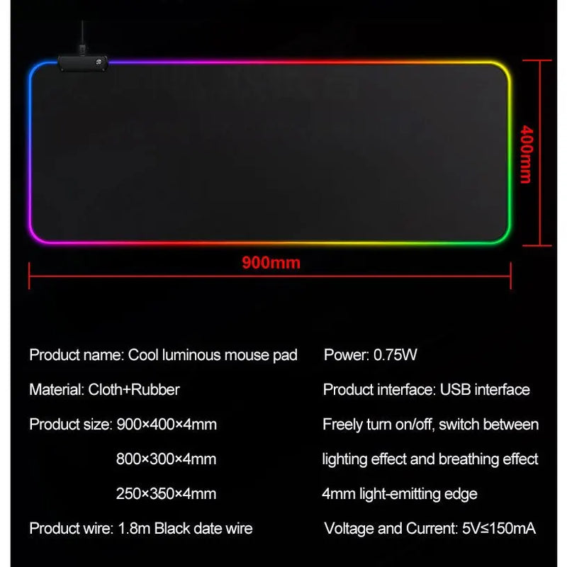 Mouse Pad Gamer Iluminado led Rgb Grande 80 cm por 30 com Mousepad gamer Led com em volta superficie velocidade para jogos