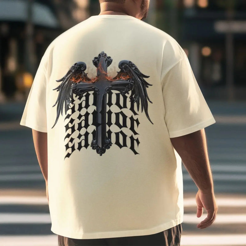 Camiseta Básica Masculina GuGi Cruz Cristã Asas Anjo Savior Frente E Costas 100% Algodão Premium