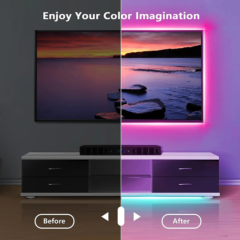 USB Bluetooth LED Strip Light, luzes RGB, lâmpada flexível, fita, auto-adesivo, TV, diodo de mesa, 5050 SMD, 5V