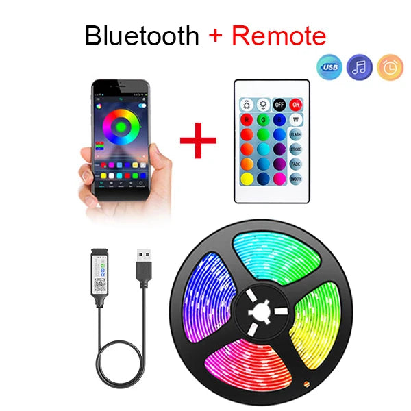 USB Bluetooth LED Strip Light, luzes RGB, lâmpada flexível, fita, auto-adesivo, TV, diodo de mesa, 5050 SMD, 5V