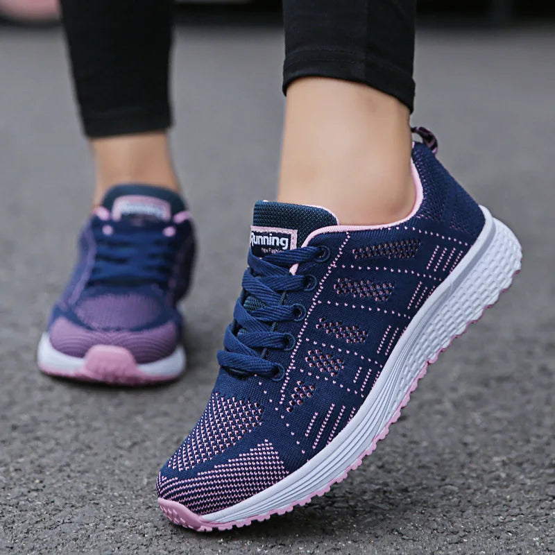 Mulheres sapatos casuais moda respirável andando malha sapatos planos tênis feminino 2021 ginásio sapatos vulcanizados branco calçado feminino