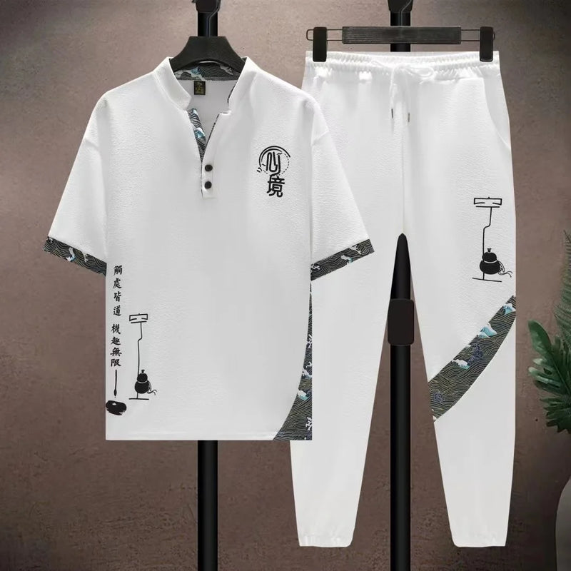 Conjunto de duas peças de seda gelo estilo retrô chinês masculino, conjunto solto, calça comprida de manga curta, moda esportiva casual, verão, novidade, 2025