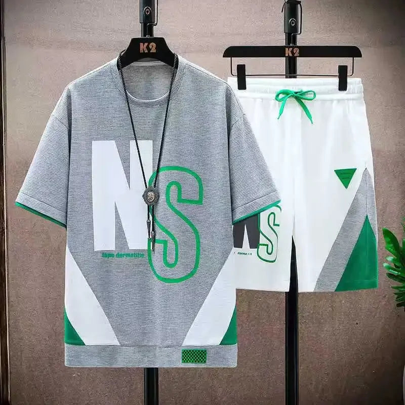 Verão t camisas para roupas masculinas casual gradiente conjunto tshirt verão correndo de duas peças oversize ginásio esporte calças curtas