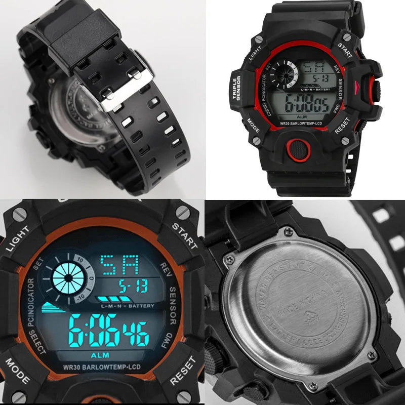 Moda masculina relógio de pulso eletrônico esportivo grande mostrador multifuncional à prova dwaterproof água alarme luminoso crianças relógio militar masculino