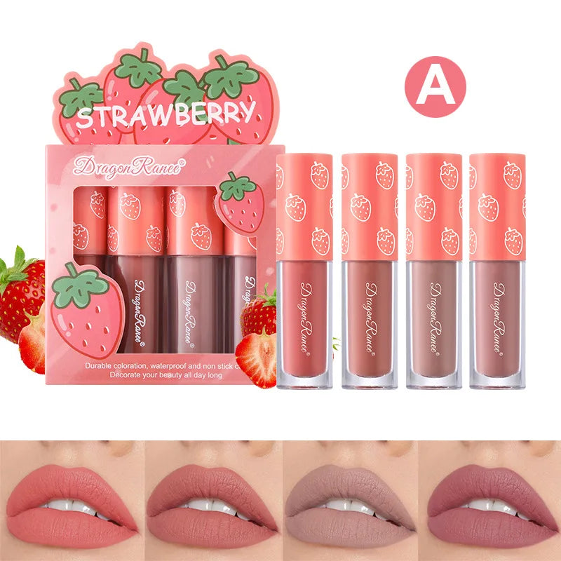 Mini veludo fosco lip gloss set, não-desbotamento, antiaderente copo, de longa duração, frutas perfumadas, suave e leve, 4 peças