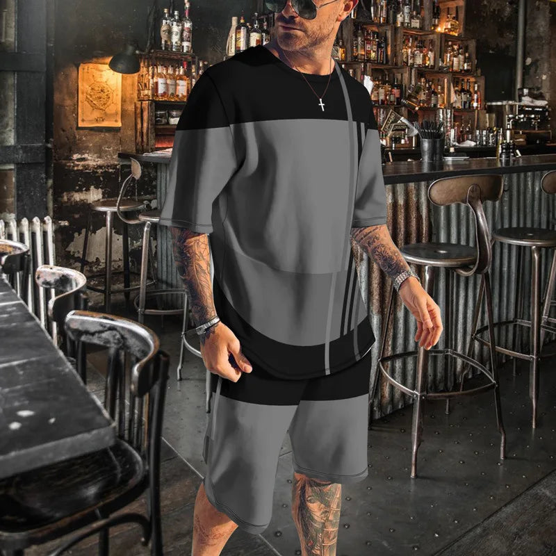 Verão novos conjuntos de listra de roupas esportivas masculinas de manga curta camiseta terno shorts de grandes dimensões esportes roupa de duas peças roupas masculinas topos