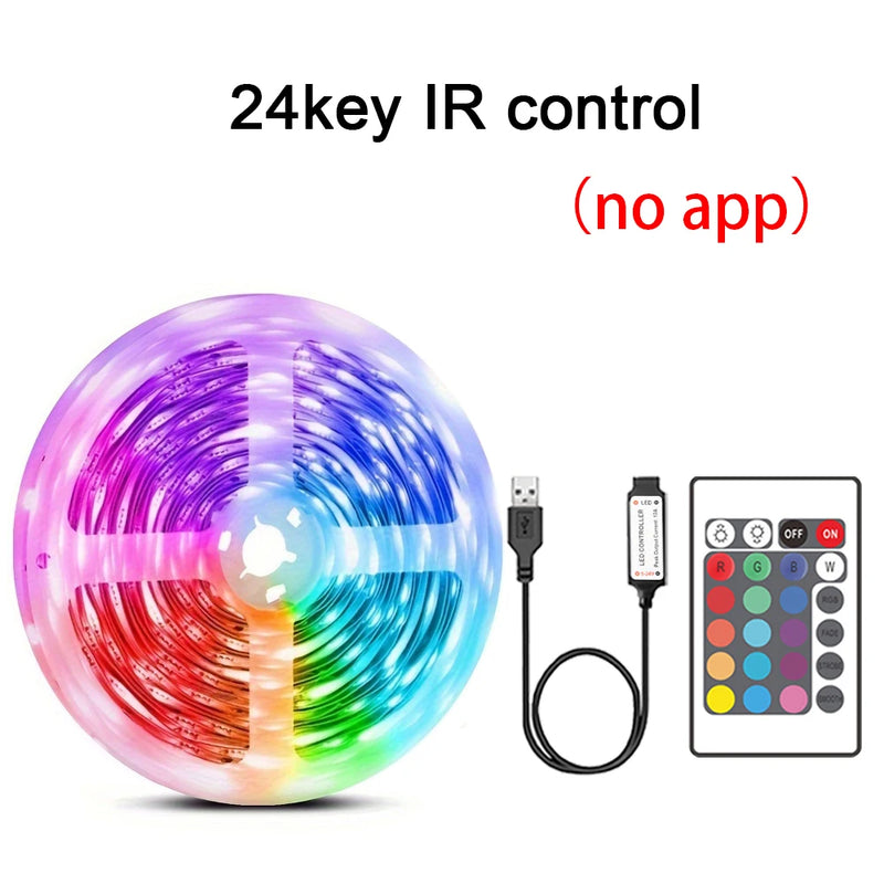 RGB LED Strip Lights com controle remoto, lâmpada de fita flexível, música Sync, USB, 5V, sala, festa, TV, mesa, decoração do quarto