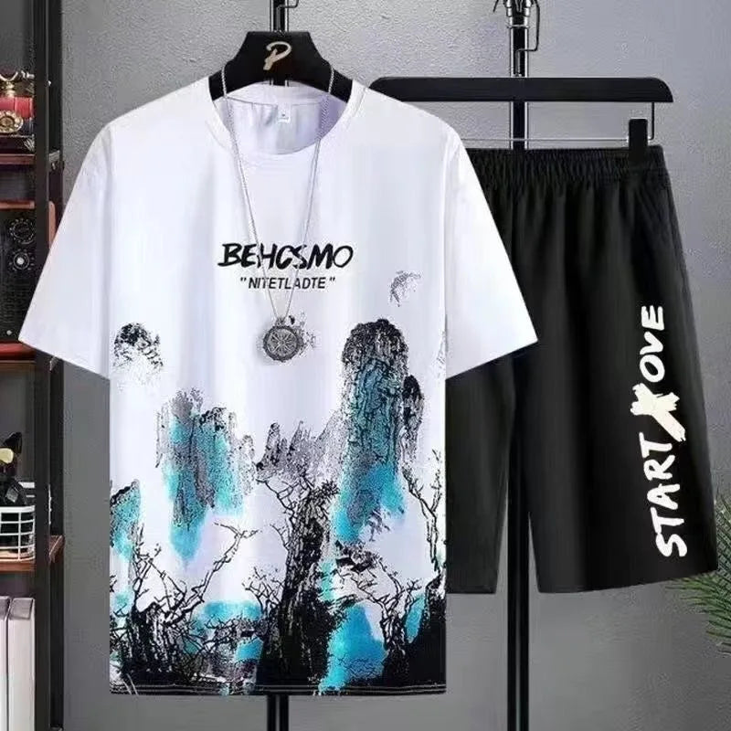 Camiseta de manga e shorts de manga masculino shorts de 2 peças, conjunto lazer verão, confortável e respirável, conjuntos de camisetas com estampa superior, 2025