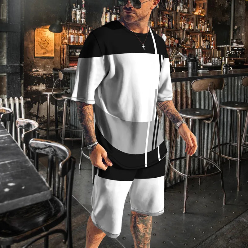 Verão novos conjuntos de listra de roupas esportivas masculinas de manga curta camiseta terno shorts de grandes dimensões esportes roupa de duas peças roupas masculinas topos
