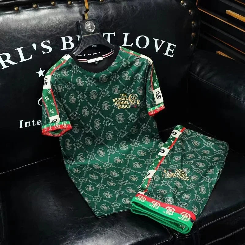 Estação europa luz luxo high-end terno de verão masculino moda europeia impresso shorts de manga curta esportes casual conjunto de duas peças